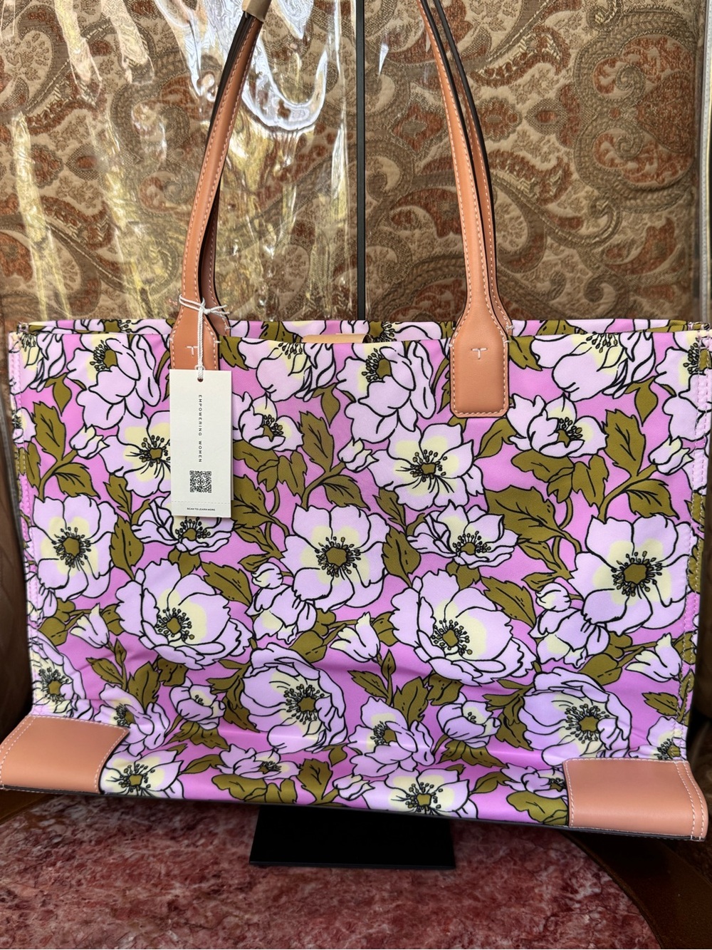 100% Authentic Tory Burch Aster Pink Flower Tan Leather Accents - Picture 3 of 6